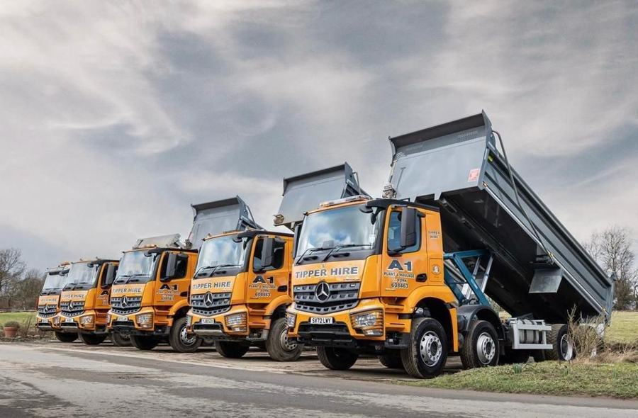 A1 Plant & Haulage Mercedes Arocs tipper lorries lined up, one with its body tipped